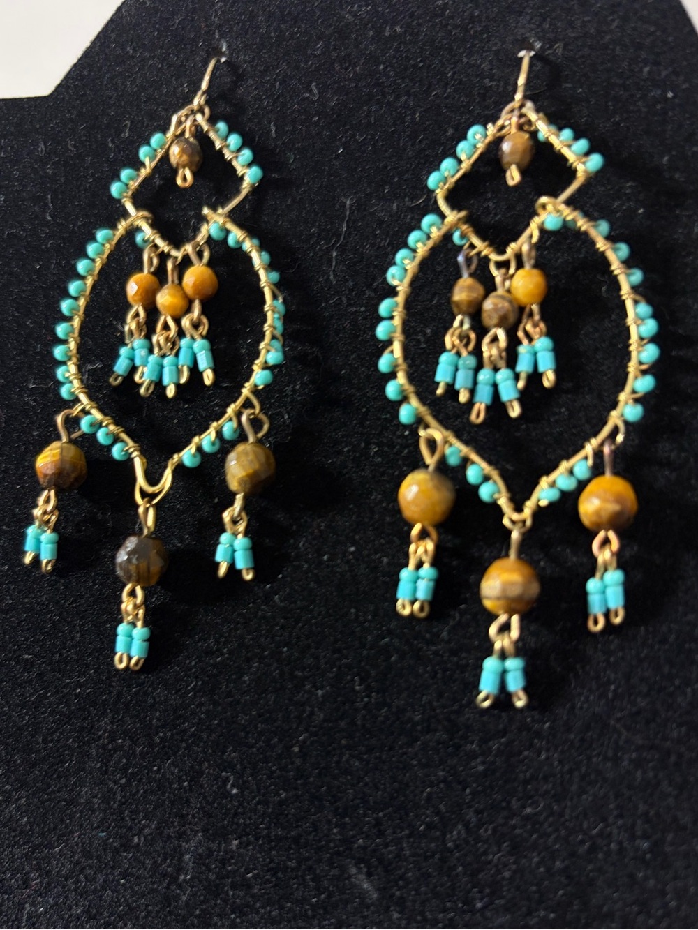 Handmade Navajo Chandelier Earrings | Turquoise & Tiger’s Eye | Monument Valley